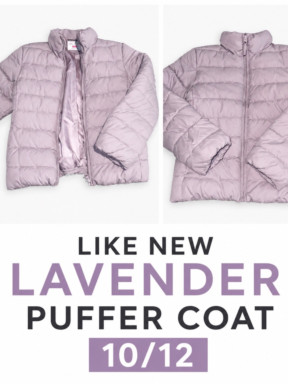 The Children’s Place Lavender Puffer Coat Girls Size  large 10/12 – Like New
